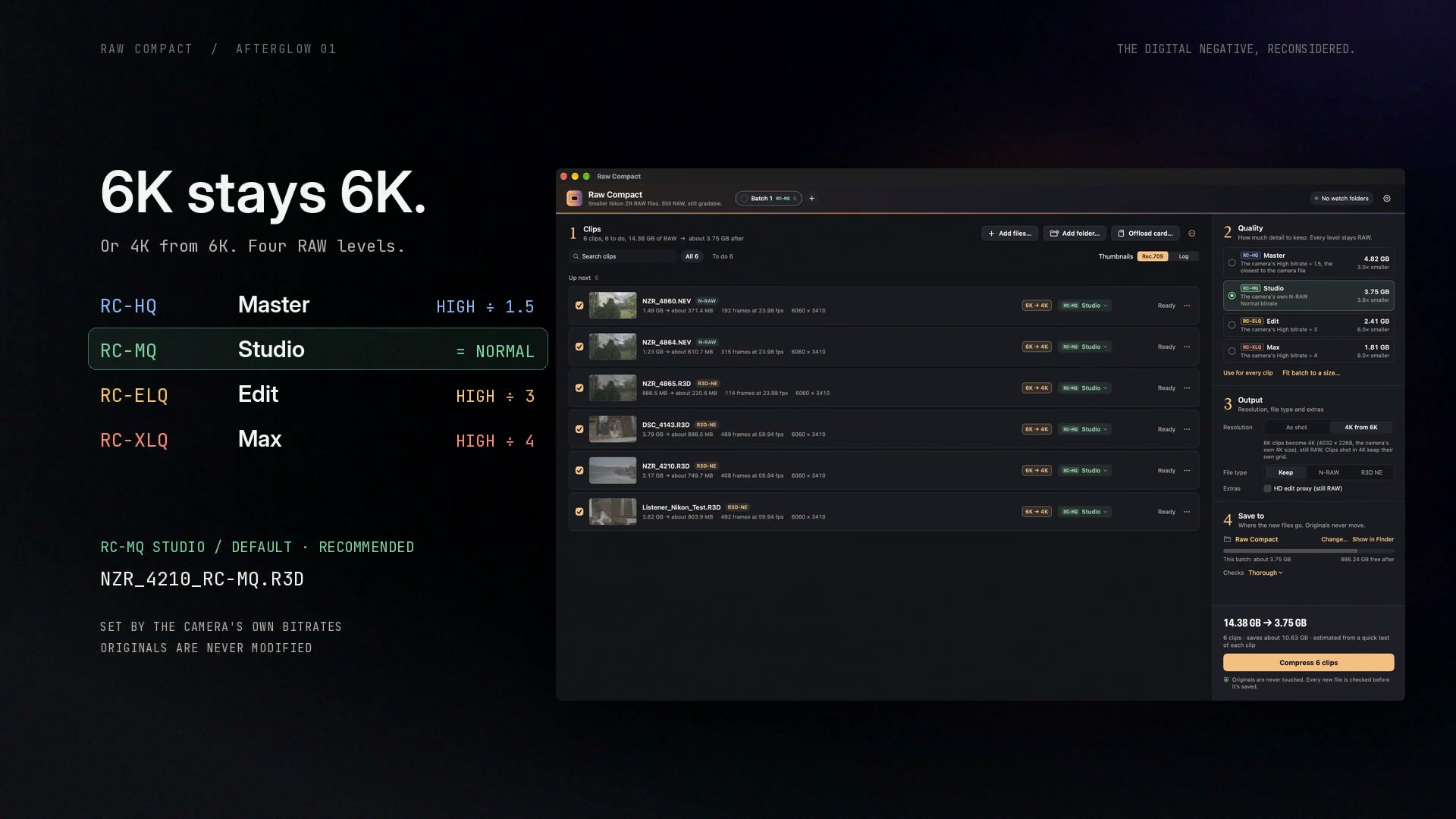 Raw Compact development interface with an example clip queue, four RAW compression levels and output controls